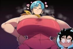 age_difference ai_generated aqua_eyes aqua_hair big_breasts blue_eyes blue_hair breasts bulma_briefs cleavage d-art_style dragon_ball dragon_ball_super dragon_ball_z dress grin half-saiyan huge_breasts large_breasts light-skinned_female light-skinned_male massive_breasts milf mullon nervous saiyan short_hair smug son_gohan