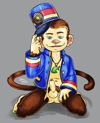 animal_crossing anthro anthrofied balls barefoot bottomless clothed clothing erection front_view hand_on_thigh hat_tip humanoid_penis kneeling looking_at_viewer male male_only mammal monkey naughty_face navel nintendo nokemy open_clothes open_shirt partially_retracted_foreskin pendant penis perineum porter_(animal_crossing) primate pubes shirt solo uncut uniform video_games