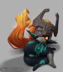 anus armor ass big_butt black_body blue_markings blue_vulva female genitals grey_background grey_body hair headgear helmet horustheblind humanoid humanoid_pointy_ears imp lying markings midna nintendo nude on_side one_eye_obstructed orange_hair pointy_ears prehensile_hair pussy red_eyes shadow short_stack simple_background smile snaggle_tooth solo the_legend_of_zelda thick_thighs twili twilight_princess vulva wide_hips yellow_sclera