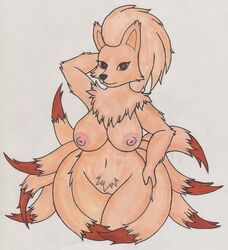 anthro anthrofied big_breasts breasts female fur furry_tail infamousrel looking_at_viewer multiple_tails ninetales nintendo pokemon pussy standing tail video_games