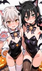 2025 2girls ai ai-created ai_art ai_generated armpits bell bell_collar bikini bikini_bottom bikini_top black_hair blush blushing_at_viewer blushing_female breasts cat_ears cat_girl cat_tail catgirl clothing collar collar_bell collared cute cute_expression duo duo_focus fangs female female_human female_only green_eyes hair_between_eyes hair_ornament halloween halloween_bucket halloween_costume halloween_decoration halloween_pumpkin halloween_theme high_resolution high_school_dxd highres koneko_toujou kuroki_tomoko legs neckwear paw_gloves paw_pose pawpads paws pov pov_eye_contact ribbon_choker short_hair shy skinny skinny_female small_breasts smaller_female spade spade_(shape) standing striped thigh_gap thigh_highs thighhighs upper_body waist watashi_ga_motenai_no_wa_dou_kangaetemo_omaera_ga_warui! white_hair wide_hips widescreen yellow_eyes young
