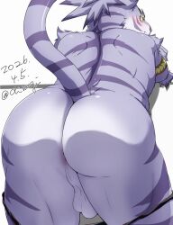 2026 anthro anus ass backsack balls blush chirasgi clothed clothing cygames dated felid fur fur_tuft genitals hi_res looking_at_viewer looking_back looking_back_at_viewer male mammal markings nimbus_(world_flipper) pantherine partially_clothed perineum purple_anus purple_balls purple_body purple_butt purple_fur purple_perineum purple_stripes purple_tail raised_tail rear_view striped_body striped_fur striped_markings striped_tail stripes tail tail_markings tiger tuft world_flipper