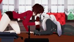 2girls arrancon black_hair black_hair_female clothed_female desk female female_only kim_(arrancon_grimmed) licking_dildo long_hair long_hair_female monster_dildo monster_girl multiple_girls red_highlights ruby_rose rwby white_hair white_hair_female