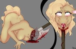 anthro areola ass_up axe blood blood_puddle bodily_fluids breasts corpse death decapitation digital_media_(artwork) equid equine female female_death fur gore guro hair head_on_stake horse impalement mammal mrs._stein nipples nude open_mouth severed_body_part severed_head simple_background snuff solo stake tail tongue tongue_out weapon