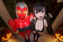 2girls 3d black_hair crossover dc dc_comics female halloween hotel_transylvania jack-o'-lantern justice_league looking_at_viewer mavis_dracula raven_(dc) smitty34 teen_titans vampire vampire_girl