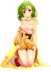 breasts clothing dress female green_hair hair_ornament kneeling looking_at_viewer macross macross_frontier pussy_juice rakeng ranka_lee red_eyes short_hair small_breasts solo white_background yellow_dress