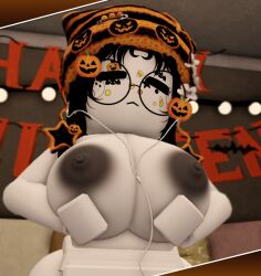 1girls 3d areolae beanie big_breasts bimbo breasts female fondling fondling_breast grabbing_breasts grey_nipples halloween halloween_costume hands_on_breasts ninjashyper2 nipples nude roblox roblox_avatar robloxian self_upload solo_female solo_focus tease teasing teasing_viewer white_body white_skin