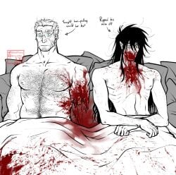 2boys after_sex alexander_anderson alucard_(hellsing) artist_signature awkward awkward_situation black_hair blank_stare blanket blood blood_in_mouth blood_on_face blood_splatter blood_stain comedy cry_ptidd dilf dismemberment funny glasses gore green_eyes guro hairy_armpits hairy_chest hairy_male hellsing in_bed long_hair long_hair_male male male_only meme monochrome no_visible_genitalia post-sex red_eyes skewed_glasses torn_arm vampire yaoi