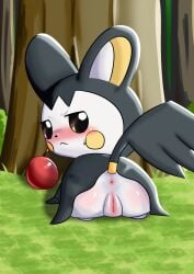 absurd_res anus apple blush bodily_fluids emolga female feral food fruit generation_5_pokemon genitals grass hi_res nintendo olihai plant pokemon pokemon_(species) solo sweat tree vulva white_body