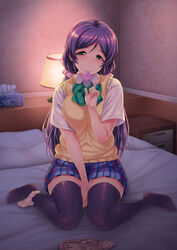 bed_sheet between_legs black_legwear blanket blue_skirt blush bow breast_squeeze breasts clothes collared_shirt condom condom_in_mouth desk desk_lamp drawer female green_bow green_bowtie green_eyes hair hand_between_legs head_tilt highres index_finger_raised indoors kneehighs lampshade long_hair looking_at_viewer love_live! love_live!_school_idol_project low-tied_long_hair money mouth_hold on_bed panties panties_around_one_leg panty_pull pillow pink_panties plaid plaid_skirt pleated_skirt purple_hair pussy_juice rokko scrunchie shirt short_sleeves skirt solo sweater_vest thighhighs tied_hair tissue tissue_box toujou_nozomi twintails uncensored underwear white_shirt zettai_ryouiki