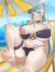 1girls barefoot beach beach_chair beach_umbrella between_breasts bikini bikini_bottom bikini_top bikini_top_pull black_bikini blue_sky blush breasts cameltoe choker clouds cross-laced_clothes earrings exposing_breast feet flower_earrings flowers flowers_in_hair foot_focus girls'_frontline girls'_frontline_2:_exilium hair_flowers hair_ornament hk416_(girls'_frontline) huge_breasts klukai_(cerulean_breaker)_(girls'_frontline_2) klukai_(girls'_frontline_2) knee_up legs light_blue_hair light_gray_hair long_hair navel nipples ocean official_alternate_costume outdoors ponytail pulling_bikini_string sitting skindentation sky soles solo stomach sunglasses sunglasses_on_head sweat swimwear teardrop_facial_mark thigh_strap thighs toes ultranimal visor visor_cap yellow_eyes