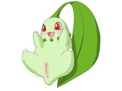 chikorita female feral flucra nintendo pokemon pussy red_eyes simple_background video_games