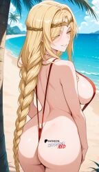 ai_art ai_generated ass ass_focus bangs beach blonde_hair boosterred99 braided_hair elden_ring from_behind from_behind_position hair_intakes hair_over_one_eye large_breasts long_hair mature_female naughty_face ocean outdoors palm_tree ponytail queen_marika_the_eternal red_sling_bikini red_slingshot_swimsuit sidelocks sling_bikini slingshot_bikini slingshot_swimsuit stable_diffusion twin_braids very_long_braid yellow_eyes