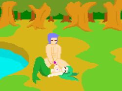 1boy 1girls 2d animated areolae big_breasts blush breasts catherine_(sensual_quest) cum cum_on_breasts ejaculation female game_cg green_eyes green_hair huge_breasts jerkoff_visual_assistance jermaneels lying lying_on_back masturbation mermaid mermaid_tail navel nipples nude nude_male open_mouth outercourse outside penis penis_on_breast pixel_animation pixel_art rubbing_penis sensual_pleasure_2 topless topless_female