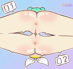 2girls anus aqua_hair ass blonde_hair cleft_of_venus completely_nude dark_star_odyssey duo female female/female female_only genitals girl_on_girl gradient_background hair_ornament hatsune_miku kagamine_rin legs light-skinned_female light_skin long_hair multiple_girls nude pussy pussy_focus pussy_to_pussy ribbon short_hair simple_background simple_shading spread_legs sweat sweating tribadism twintails vocaloid watermark white_outline white_ribbon young yuri