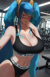 araneesama big_breasts blacked blue_eyes blue_hair sports_bra