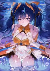 1girls big_breasts blue_eyes blue_hair bra breasts female iuno_(wuthering_waves) large_breasts long_hair see-through_clothing twintails wet wuthering_waves