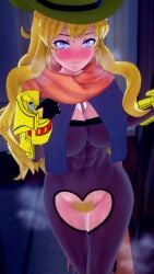 1girls blonde_female blonde_hair cleavage cowgirl_hat ember_celica half-dressed half_naked half_naked_female long_hair long_hair_female purple_eyes pussy rwby solo_female yang_xiao_long