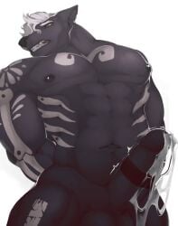 abs anthro areola balls big_muscles black_areola black_body black_nipples black_nose black_sclera canid canine ear_piercing erection genitals glans grey_markings hair hands_behind_back hi_res humanoid_genitalia humanoid_penis low-angle_view maison_6 male mammal markings motion_lines muscular navel nipples nude overstimulation pecs penetration penis piercing sex_toy sex_toy_in_urethra sex_toy_insertion short_hair simple_background snout solo teeth urethral urethral_penetration vibrator_in_urethra white_background yellow_eyes