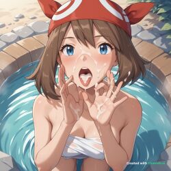1girl ai_assisted ai_generated awaiting_cum bath bathing beach blue_eyes blush brown_hair cowboy_shot cum_in_hair cum_on_face cum_on_hands dutch_angle fellatio_gesture full_body kneeling looking_at_viewer may_(pokemon) naked onsen open_mouth oral_invitation outdoors partially_submerged red_bandana source_anime steam steam_censor tongue_out towel view_from_above water wet_towel