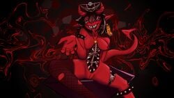 16:9 abstract_background aura black_background black_claws black_hair body_horror bone bracelet breasts choker claws clothing collar colored_skin curvy_figure demon digital_media_(artwork) ear_piercing ear_ring exposed_bone exposed_ribs fangs female fishnet_clothing fishnet_legwear freckles gore grin hair hat headgear headwear hi_res horn humanoid jewelry legwear looking_at_viewer magic multicolored_hair necklace open_torso pendant piercing pointy_ears reaching_towards_viewer reclining red_aura red_background red_body red_eyes red_skin red_theme rib_cage ring_piercing seductive sharp_teeth signature simple_background smile smoke solo spaidynator spiked_bracelet spiked_collar spikes spread_legs spreading tail teeth thick_thighs thigh_highs tongue tongue_out white_hair widescreen wounded