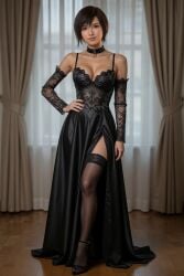 1girls ai_assisted ai_edit ai_generated asian asian_female black_dress black_hair brown_eyes choker cleavage dress edit elegant elegant_dress final_fantasy final_fantasy_vii final_fantasy_vii_rebirth final_fantasy_vii_remake hand_on_hip high_heels hourglass_figure indoors lace leg legwear long_dress looking_at_viewer painted_nails posing_for_the_viewer ring_choker sheer short_hair showing_leg side_slit sleeves stockings young younger_female yuffie_kisaragi