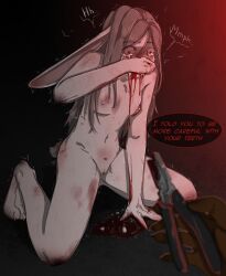 absurd_res anthro blood blood_from_mouth blood_in_mouth blood_on_face blood_on_hand blush bodily_fluids breasts canid canine crying dialogue digital_media_(artwork) duo english_text female forced fox fur genitals gore hair hi_res kais_(yourumi) lagomorph leporid male male/female mammal mieri_(yourumi) nipples nude pain rabbit simple_background tail tears tears_of_pain teeth text tools tooth_removal torture vulva white_body white_fur yourumi
