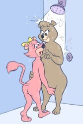 ass bear blush bow cindy_bear feet feline female female/female female_only fingering hanna-barbera ladysomnambule lila_the_lioness lion mammal paws shower snagglepuss_(series) water yogi_bear yuri