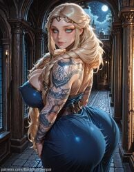 1girl ai_generated arm_tattoo ass backdoorsenpai big_ass blonde_hair blue_dress blue_eyes braid breasts brown_belt curvy egao european_mythology facing_viewer female_focus god_of_war god_of_war_ragnarok gold_circlet hair_ornament hair_over_shoulder huge_breasts large_breasts mythology naughty_face naugty_eyes neck_tattoo norse_mythology perky_breasts sif_(god_of_war) strapless_dress thick_thighs thighs very_long_hair wide_hips