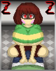 1boy 1girls asriel_dreemurr big_breasts breasts breasts_out brown_hair chara chara_(undertale) erect_penis erection erection_under_clothes glowing_eyes on_top pixel_art red_eyes self_upload shirt shorts sitting sitting_on_person textless_version undertale undertale_(series) zixy