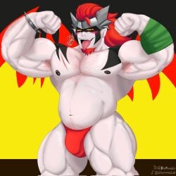 alternate_version_at_source alternate_version_available beard body_hair body_paint brawl_stars bulge damian_(brawl_stars) dibupromedio fire helmet male_only muscular_male red_hair scar spiked_bracelet tagme tongue_out underwear_only