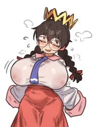 1girl absurdres aged_up alternate_breast_size_(larger) black_hair blush braid breasts closed_eyes covered_erect_nipples crown ebora glasses high-waist_skirt highres huge_breasts kirby_(series) kirby_64 long_hair long_skirt long_sleeves low_twin_braids necktie nintendo queen_ripple red_skirt round_eyewear shirt skirt sweat sweaty_clothes twin_braids white_shirt wide_hips