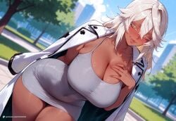1female 1girl 1girls 2026 ai_assisted ai_generated arm_behind_back artist_name blonde_hair blue_sky blurry blurry_background blush breasts brown_lips building ccmint cleavage closed_mouth cloud cloudy_sky clover coat coat_on_shoulders collarbone colored_eyelashes covered_navel cowboy_shot curvy dark-skinned_female dark_skin day depth_of_field dress dutch_angle female female_focus four-leaf_clover grey_dress guilty_gear guilty_gear_strive guilty_gear_xrd hair_between_eyes hand_on_own_chest highres huge_breasts jacket jacket_on_shoulders large_breasts leaning_forward lips long_eyelashes long_hair looking_at_viewer mature_female open_clothes open_coat outdoors park patreon patreon_logo patreon_username pencil_dress pink_lips ramlethal_valentine shiny_skin short_dress sky sleeveless sleeveless_dress smile solo spaghetti_strap sweat taut_clothes taut_dress thick_eyelashes thick_thighs thighs tight_clothes tight_dress tree uncensored web_address white_coat white_dress white_hair white_jacket wide_hips yellow_eyes