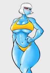 anthro big_breasts bikini black_eyes blue_body blush captain_dagon exposed_breasts female_only hi_res interspecies looking_away red_sclera sexy_body sexy_pose short_hair shy_expression sky_blue_body tau thick_thighs voluptuous warhammer_(franchise) warhammer_40k white_hair wide_hips
