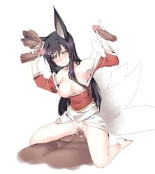 ahri animal_ears breasts dark-skinned_male female fox_ears fox_tail fur furry_tail highres humanoid kuro_(kuronell) league_of_legends long_hair multiple_tails open_mouth penis tail yellow_eyes