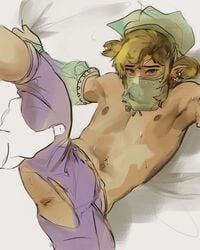 1boy anal_access anus blonde_hair breath_of_the_wild gerudo_link grey_eyes humanoid link link_(breath_of_the_wild) male male_nipples male_only no_visible_genitalia onehimbo perineum pointy_ears pretty_boy sketh smooth_skinned_male solo spread_legs the_legend_of_zelda topless torn_clothes