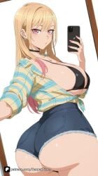 1girl ai_generated artist_name ass bangs bikini bikini_top_only black_bikini black_choker blonde_hair breasts cellphone choker cleavage collared_shirt cutoffs denim denim_shorts ear_piercing earrings gradient_hair gyaru holding holding_phone jewelry kitagawa_marin large_breasts long_hair looking_at_viewer looking_back marin_kitagawa multicolored_hair my_dress_up_darling nail_polish necklace patreon phone piercing pink_hair pink_nails plaid_shirt puckered_lips red_eyes ring selfie senpai_pixels sensitive shirt short_shorts shorts smartphone solo sono_bisque_doll_wa_koi_wo_suru swimsuit thighs tied_shirt underbutt white_background