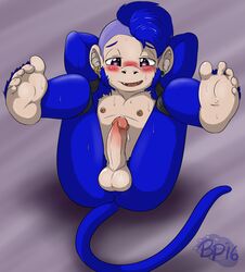 anthro balls barefoot bluepawpanda blush bound circumcised erection foot_focus front_view fully_bound genital_focus humanoid_penis legs_up looking_at_penis lying male male_only mammal monkey nipples nude on_back open_mouth penis precum primate signature solo spread_legs spreading sweat