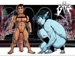 2024 2boys ass barley_lightfoot beanie big_penis black_thong blue_hair brown_hair crossover disney elf flaccid goatee horsecock male male_only muscular nipples onward_(2020) penis pixar scanlan_shorthalt the_legend_of_vox_machina thong voidheadstation_(artist)