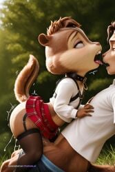 1boy 3d ai_assisted ai_generated alvin_and_the_chipmunks alvin_seville buck_teeth chibi chipmunk cock_in_pussy collar cowgirl creampie embarrassed furry furry_male harness leaning_forward moaning outside parted_bangs pussy_sex realistic rolling_eyes saliva shaking side_view skirt stockings tail tree white_shirt