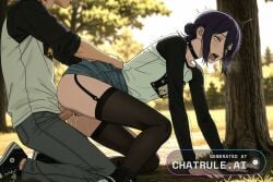 1girl ai_assisted ai_generated black_choker black_footwear black_shirt black_sleeves chainsaw_man cock_in_pussy collar cowgirl creampie denim embarrassed green_eyes grey_pants hair_between_eyes hair_bun harness inside jeans leaning_forward long_bangs long_sleeves mature_female medium_hair moaning outside parted_bangs print_shirt purple_hair pussy_sex raglan_sleeves reze_(chainsaw_man) rolling_eyes saliva shaking shirt shoes short_ponytail side_view sidelocks single_hair_bun skirt sneakers stockings t_shirt tree white_shirt