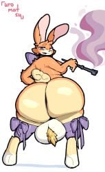 anthro ball_tuft balls bedroom_eyes big_balls big_butt bow_tie breasts butt elderly elderly_gynomorph fur genitals gynomorph huge_balls huge_butt intersex lagomorph leporid looking_at_viewer looking_back looking_back_at_viewer mammal narrowed_eyes neck_bow old_lady_(hb) presenting presenting_hindquarters purple_eyes rabbit ribbons seductive smoking_pipe solo standing tuft uromatsu yellow_body yellow_fur