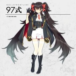 1girl artist_request belt belt_pouch black_belt black_boots black_gloves black_hair black_jacket boots character_name closed_mouth girls'_frontline half_gloves hand_up jacket knee_boots necktie one_eye_closed orange_eyes pouch red_necktie shirt smile solo source_request thighhighs type_97_(girls'_frontline) waving_at_viewer white_shirt white_thighhighs