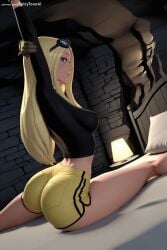 1girl ai_generated ass blonde_hair blue_eyes breasts dc eyewear_on_head goggles goggles_on_head hi_res high_quality high_resolution long_hair looking_at_viewer patreon seductive sexy short_shorts shorts smile solo spicytoonai stretch sunglasses terra_(dc) uncensored watermark