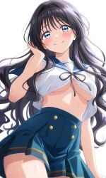 ai_generated big_breasts black_hair blue_eyes blush blushing half_shirt kaoru_hana_wa_rin_to_saku long_hair pantyhose school_uniform sideboob sleeveless smile sweet_smile thick_thighs underboob waguri_kaoruko