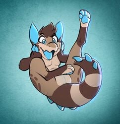 2016 4_toes adam_wan anthro big_eyes breasts brown_fur brown_hair cute cyan_pawpads cyan_tongue digitigrade eyebrows featureless_breasts female fur gezak hair happy hindpaw markings multicolored_fur open_mouth pawpads paws pussy serva_(krokpot) simple_background solo spines tan_fur textured_background toes tongue wide_hips