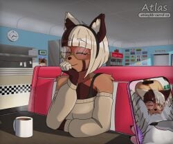 6:5 absurd_res accessory ailurid anthro anya_(atlas_jkb) appliance arm_tuft arms_bent ass_up atlas_jkb bangs beverage black_nose black_sclera blonde_hair blue_wall bob_cut booth_seating bra bra_strap brown_body brown_fur brown_hair calendar checkered checkered_wall chest_tuft claws clock clothed clothing coffee coffee_mug countershade_torso countershading cracked_screen cunnilingus diner domestic_cat duo electronics english_text eyes_closed eyewear facial_markings felid feline felis female female/female female_pov first_person_view fridge fur furniture glasses grey_body grey_fur hair hair_accessory hairband hand_on_chin head_markings hi_res holding_object holding_phone inside kitchen_appliance leg_grab looking_at_viewer mammal markings mask_(marking) off_shoulder_shirt one_eye_closed oral pawpads phone photo pink_pawpads pink_phone rae_(atlas_jkb) red_panda restaurant round_glasses ruined_reputation sex shaded shoulder_tuft sign sitting smile split_color_hair steam straight_bangs striped_body stripes tabby_cat table tear_(marking) text thigh_grab tuft underwear vaginal watermark yellow_eyes
