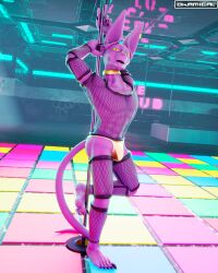3d_(artwork) 4:5 absurd_res anthro beerus butt clothing dancing digital_media_(artwork) domestic_cat dragon_ball dragon_ball_super feet felid feline felis fishnet_clothing fishnet_legwear hairless hairless_cat hi_res legwear looking_at_viewer male mammal muscular muscular_male nails nipples okamical open_mouth pole pole_dancing purple_body sharp_nails sharp_teeth solo speedo sphynx_(cat) standing stripper stripper_pole swimwear teeth toes topwear