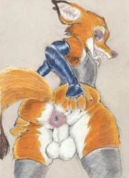 anthro anus balls big_butt bottomless butt butt_focus canid canine clothed clothing disney eyeshadow femboy fluffy fluffy_tail fox genitals hand_on_butt hi_res horse-420 horse420 makeup male mammal nick_wilde open_mouth presenting presenting_anus presenting_hindquarters rear_view red_fox sharp_teeth smile solo spread_butt spreading tail teeth tongue tongue_out traditional_media_(artwork) true_fox zootopia