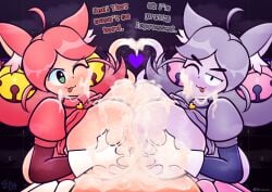 2girls absurd_res accessories accessory artist_name artist_signature blush cat_bell cat_ears cat_girl cat_humanoid cat_tail catgirl cum cum_on_chin cum_on_face cum_on_tail cum_strand cum_string cumdrip cumming cumshot cumshot_in_chest cumshot_on_face deltarune deltarune_chapter_5 english_text excessive_cum feline feline_humanoid female female_focus glove gloves gray_hair heart heart_symbol humanoid looking_at_viewer mad_mew_mew mew_mew_(undertale) mew_mew_kissy_cutie one_eye_closed pink_hair sleeve sleeves smiling smiling_at_viewer spunow_ sweat tagme tail text tongue_out trans_character trans_woman transfem undertale undertale_(series)